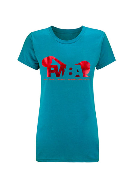 PWBA Ladies Red Foil T-Shirt in Neon Blue - Front View